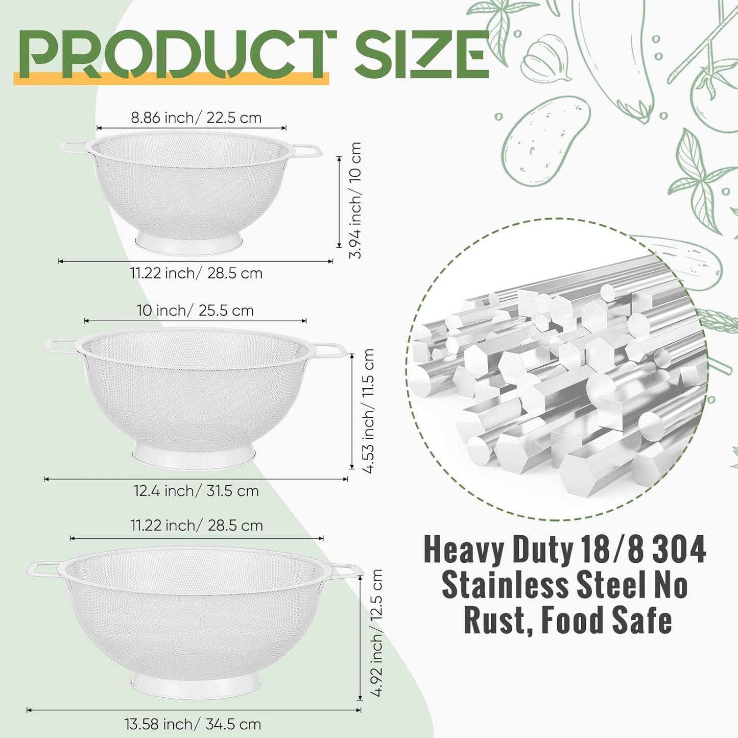 3 Pack Stainless Steel Colander Set ā 1/3/5 Quart Metal Mesh Strainers with Handles, Fine Mesh Kitchen Colander Bowls for Draining Pasta, Washing Vegetables & Fruits