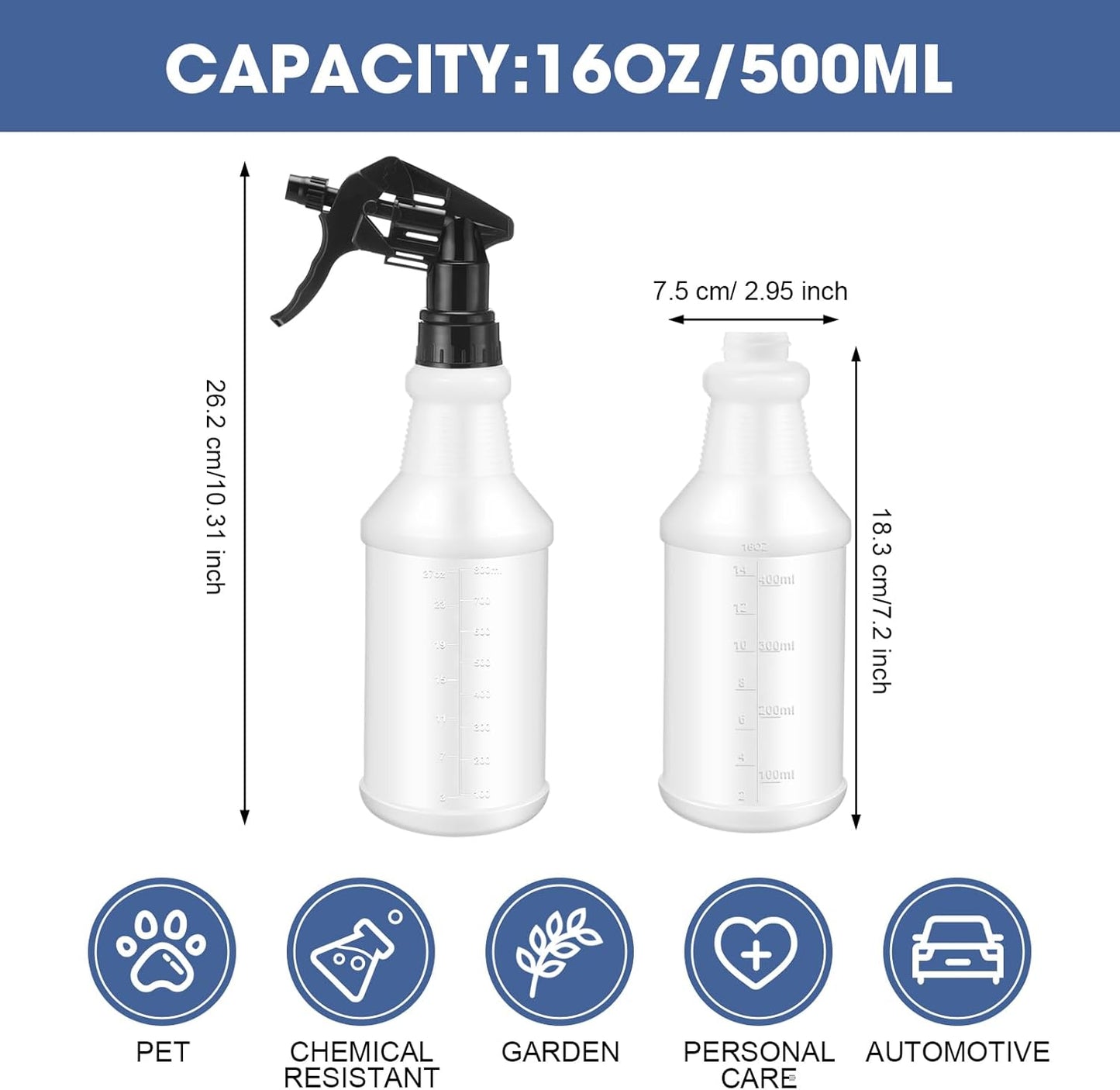 Reusable Spray Bottles for Cleaning, Gardening, Car Care – 20 Pack 16oz with Labels & Funnels