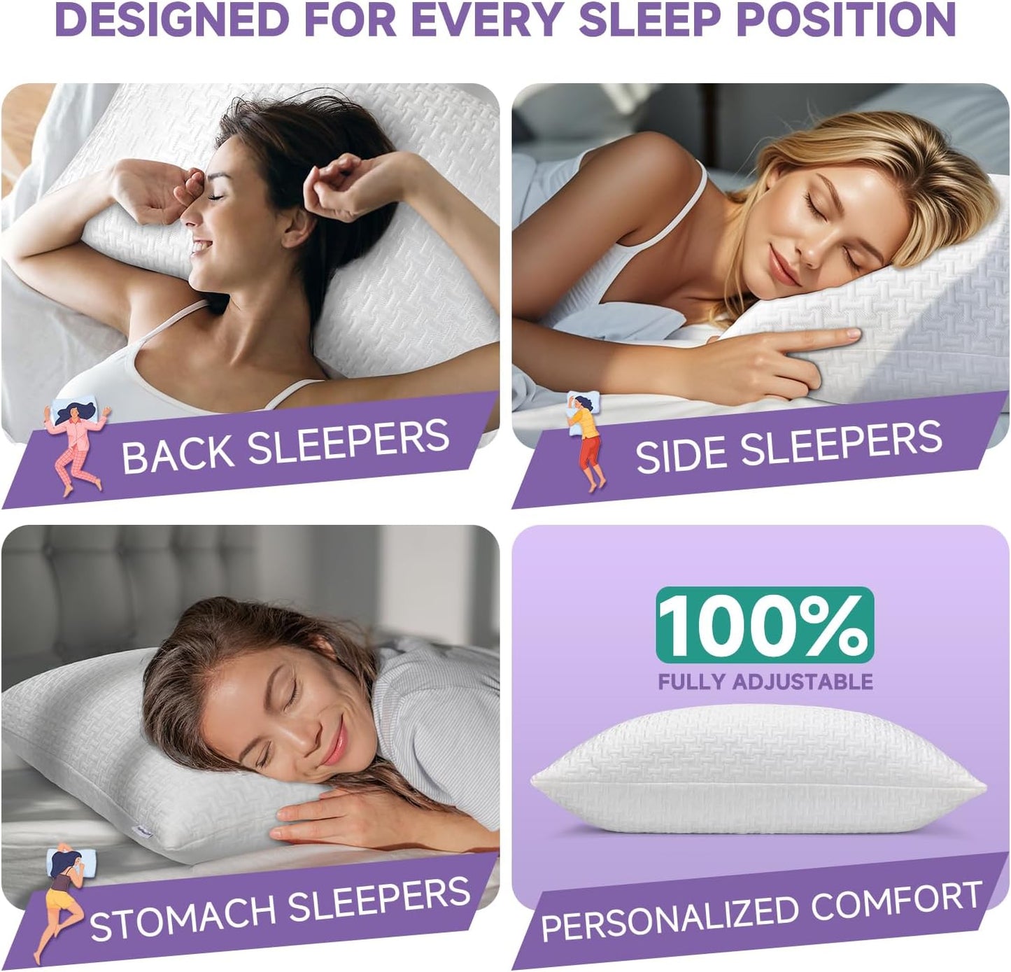 Adjustable Cooling Shredded Memory Foam Pillows Queen Size Set of 2 ā Bed Pillows for Side, Back, and Stomach Sleepers, Washable Cover, Supportive & Breathable