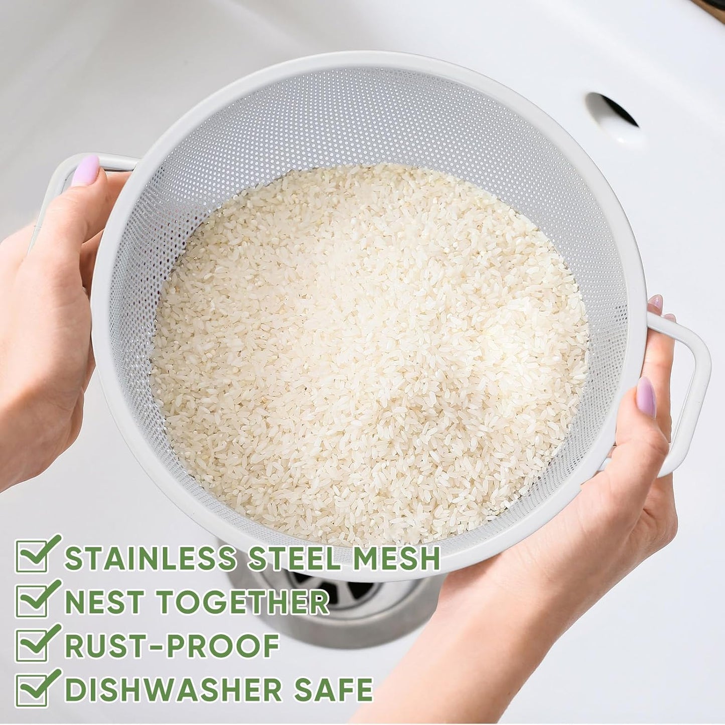 3 Pack Stainless Steel Colander Set ā 1/3/5 Quart Metal Mesh Strainers with Handles, Fine Mesh Kitchen Colander Bowls for Draining Pasta, Washing Vegetables & Fruits