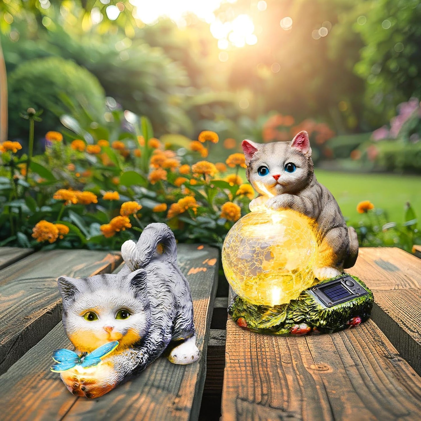 Suzile 2 Pack Solar Garden Cat Statue Lights ā Outdoor Resin Cat Figurines with LED Solar Lights, Yard & Patio Decor, Cat Lover Gifts