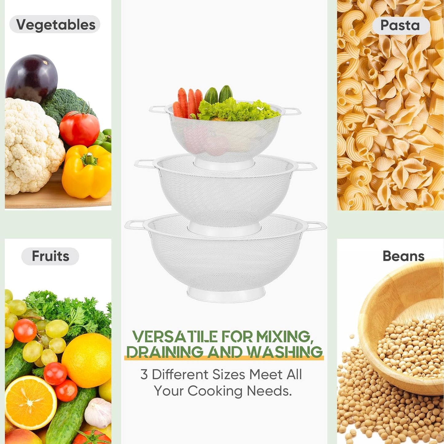 3 Pack Stainless Steel Colander Set ā 1/3/5 Quart Metal Mesh Strainers with Handles, Fine Mesh Kitchen Colander Bowls for Draining Pasta, Washing Vegetables & Fruits