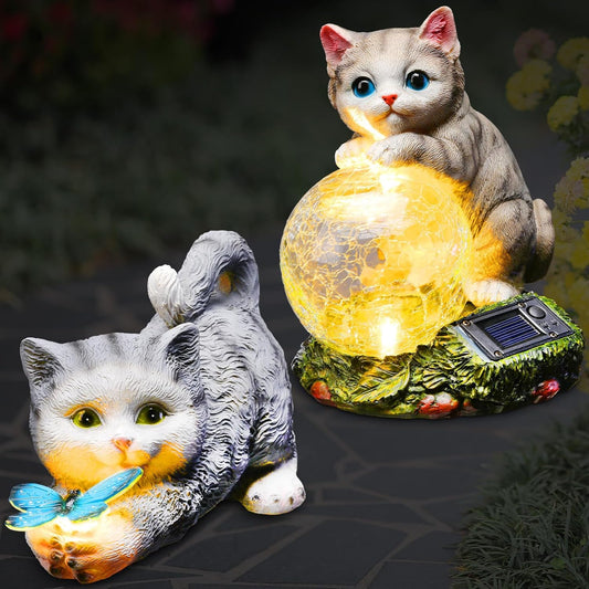 Suzile 2 Pack Solar Garden Cat Statue Lights – Outdoor Resin Cat Figurines with LED Solar Lights, Yard & Patio Decor, Cat Lover Gifts