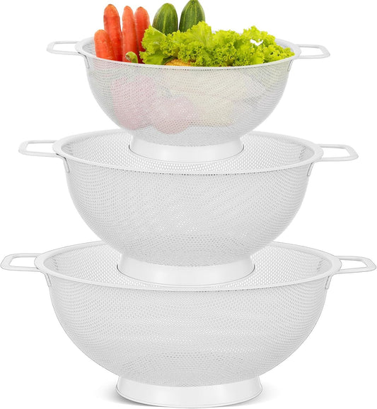 3 Pack Stainless Steel Colander Set – 1/3/5 Quart Metal Mesh Strainers with Handles, Fine Mesh Kitchen Colander Bowls for Draining Pasta, Washing Vegetables & Fruits