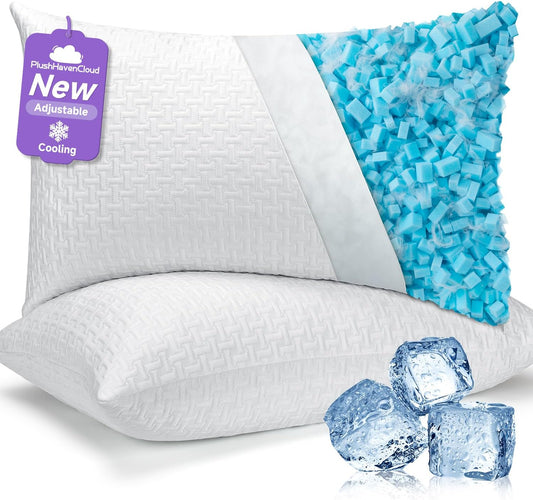 Adjustable Cooling Shredded Memory Foam Pillows Queen Size Set of 2 – Bed Pillows for Side, Back, and Stomach Sleepers, Washable Cover, Supportive & Breathable