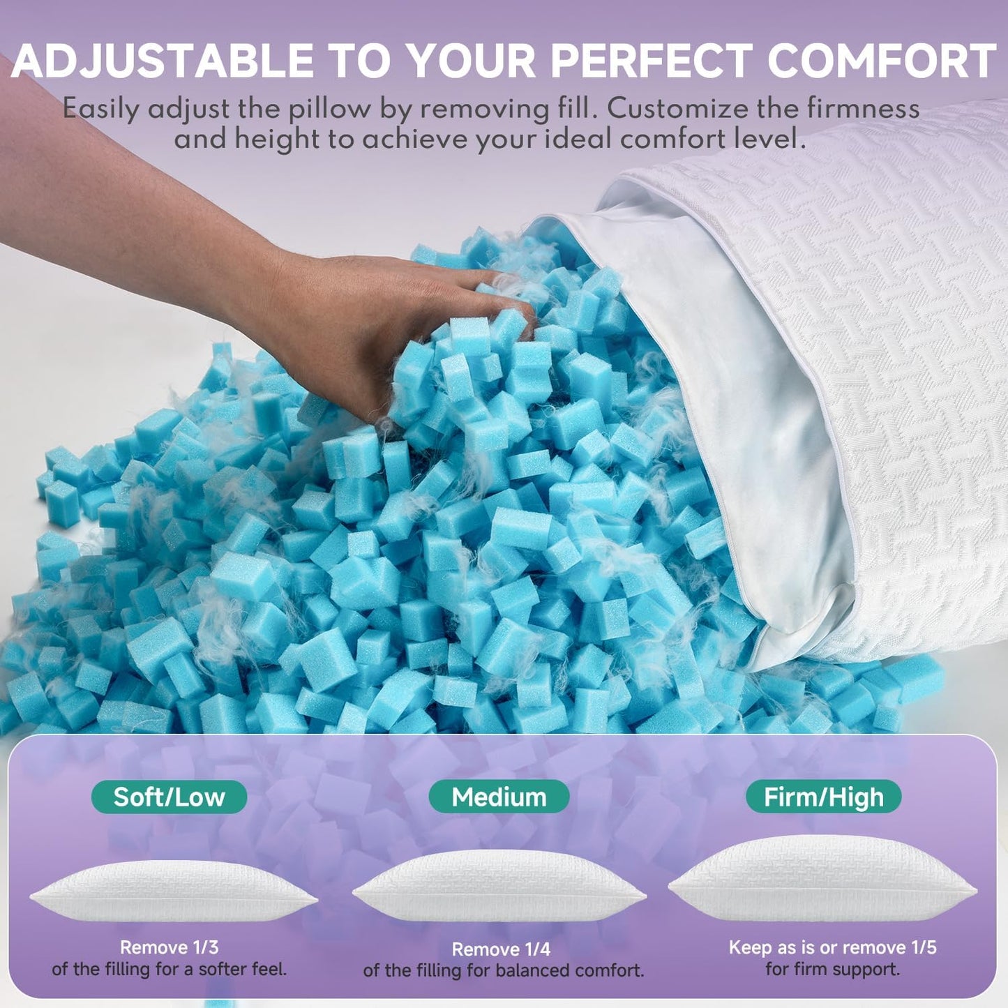 Adjustable Cooling Shredded Memory Foam Pillows Queen Size Set of 2 – Bed Pillows for Side, Back, and Stomach Sleepers, Washable Cover, Supportive & Breathable