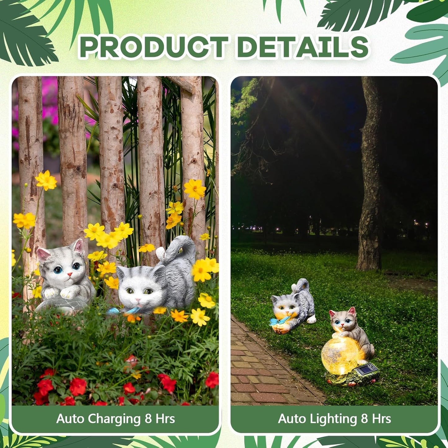 Suzile 2 Pack Solar Garden Cat Statue Lights – Outdoor Resin Cat Figurines with LED Solar Lights, Yard & Patio Decor, Cat Lover Gifts